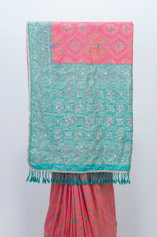 Pink Bandhani Print Saree with Green Traditional Rajasthani Ethnic Wear - Mangaldeep NX