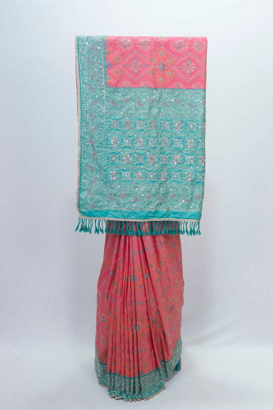Pink Bandhani Print Saree with Green Traditional Rajasthani Ethnic Wear - Mangaldeep NX