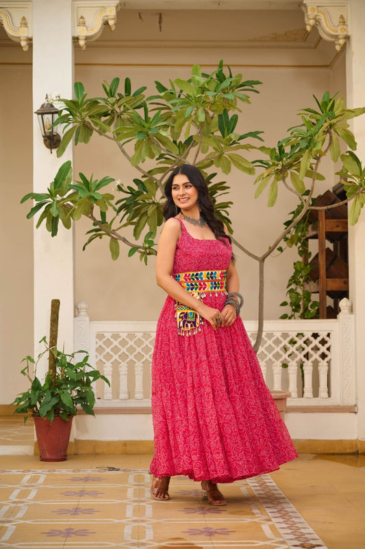 Pink Cotton Gown with Multicolor Embroidered Belt - Mangaldeep NX