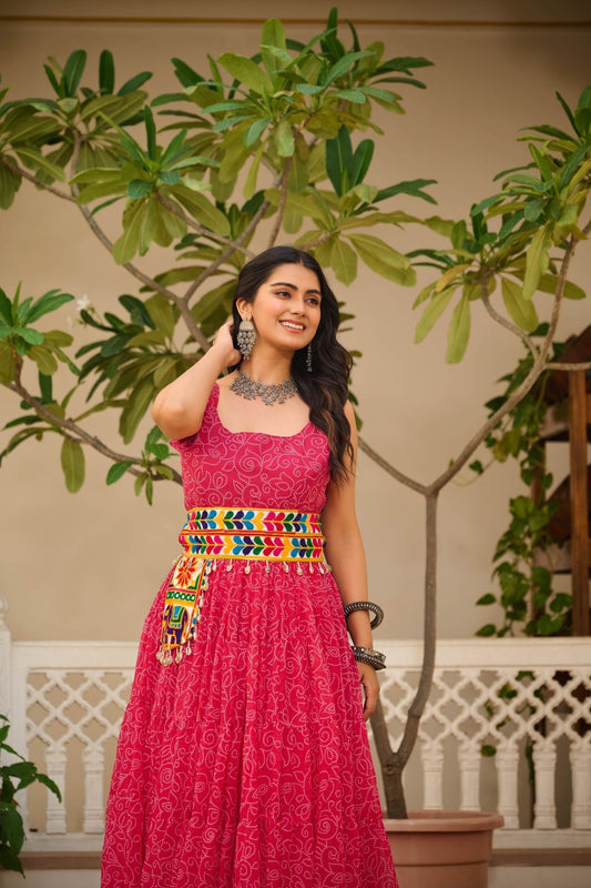 Pink Cotton Gown with Multicolor Embroidered Belt - Mangaldeep NX