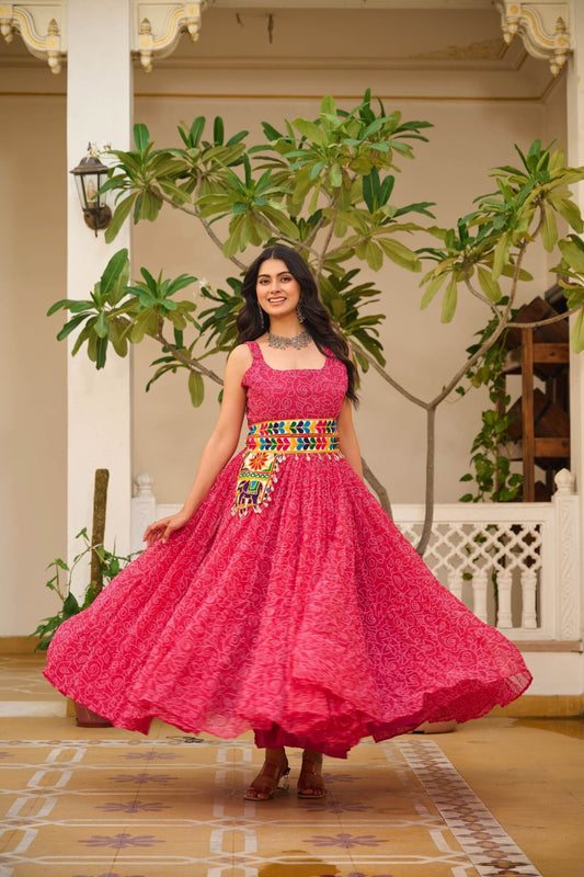 Pink Cotton Gown with Multicolor Embroidered Belt - Mangaldeep NX