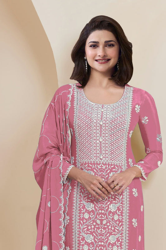 Pink Designer Chinon Straight Cut Salwar Kameez - Mangaldeep NX