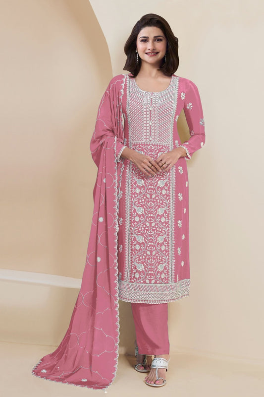Pink Designer Chinon Straight Cut Salwar Kameez - Mangaldeep NX