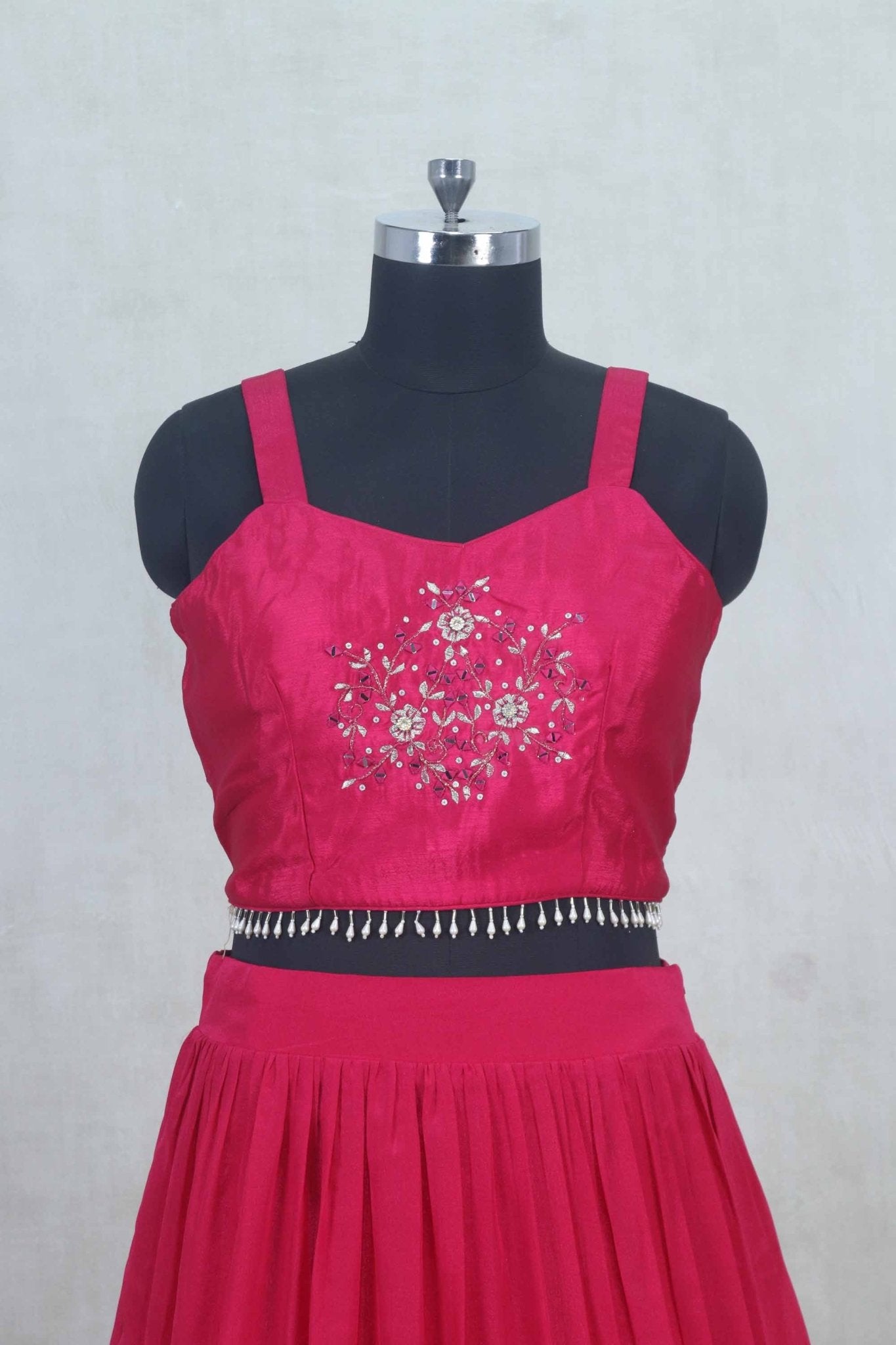 Pink Embroidered Crop Top Lehenga Set with Jacket - Mangaldeep NX
