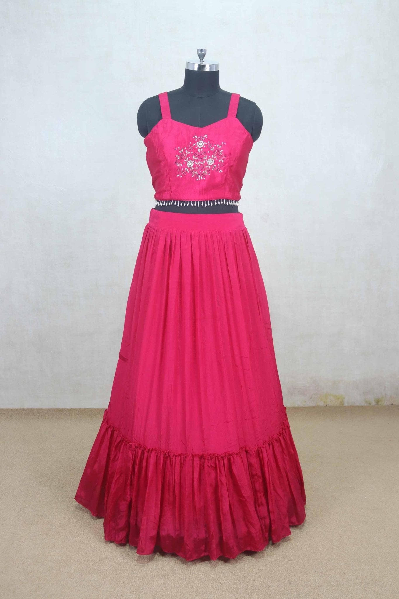 Pink Embroidered Crop Top Lehenga Set with Jacket - Mangaldeep NX