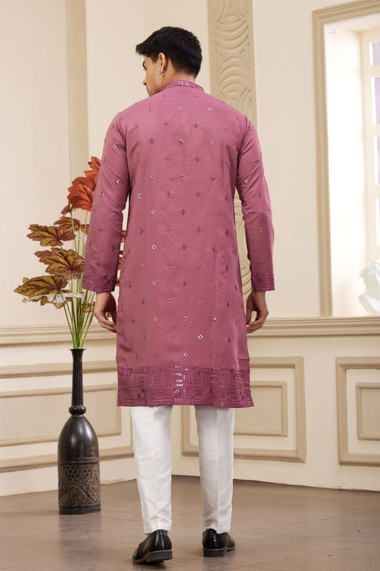 Pink Embroidered Kurta with White Churidar Pants for Men - Mangaldeep NX