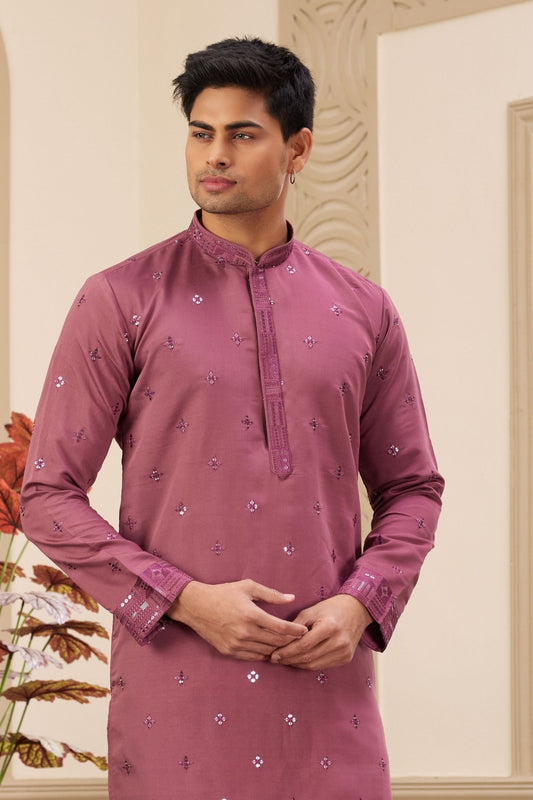Pink Embroidered Kurta with White Churidar Pants for Men - Mangaldeep NX
