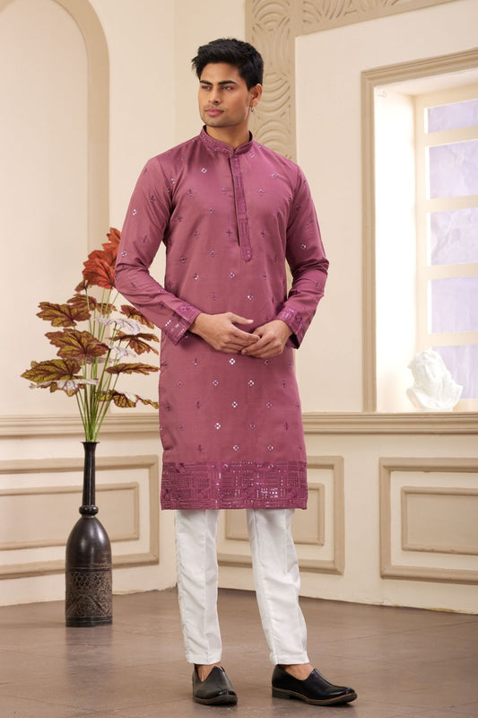 Pink Embroidered Kurta with White Churidar Pants for Men - Mangaldeep NX