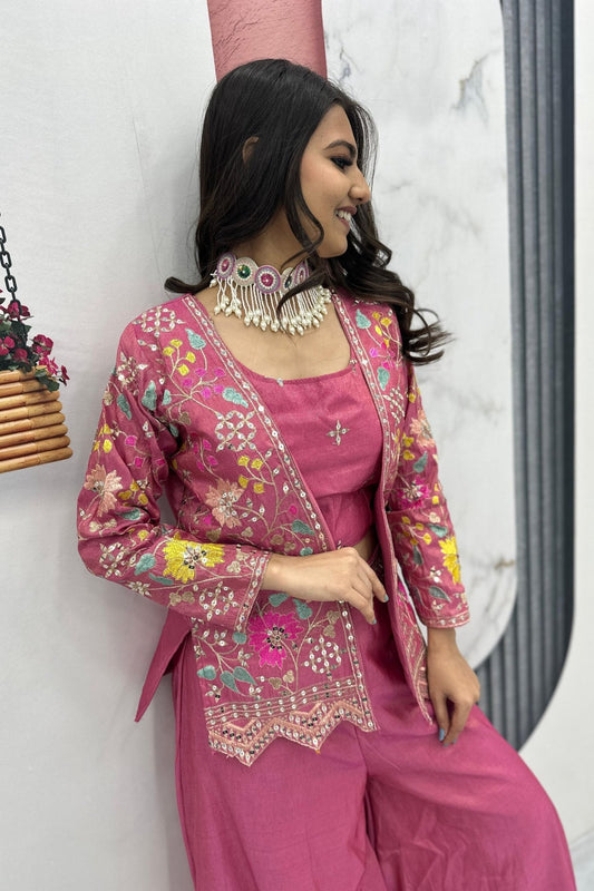 Pink Embroidered Palazzo Suit with Crop Top and Jacket for Women - Mangaldeep NX