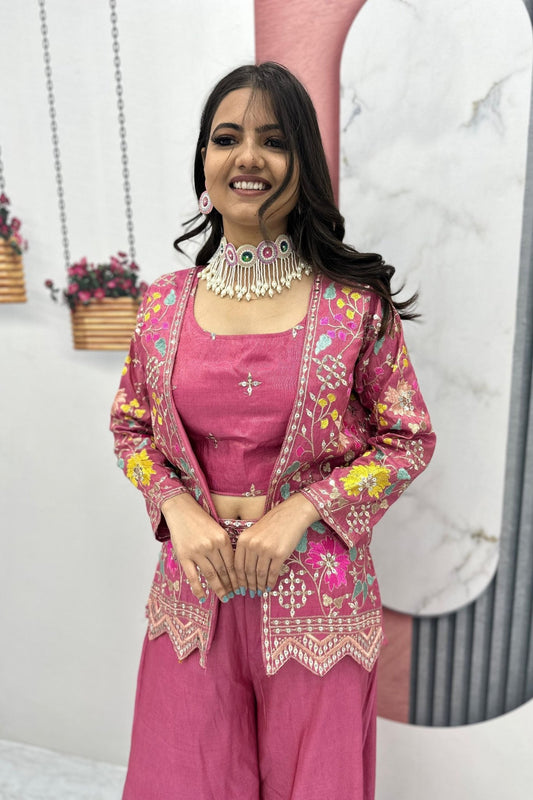 Pink Embroidered Palazzo Suit with Crop Top and Jacket for Women - Mangaldeep NX