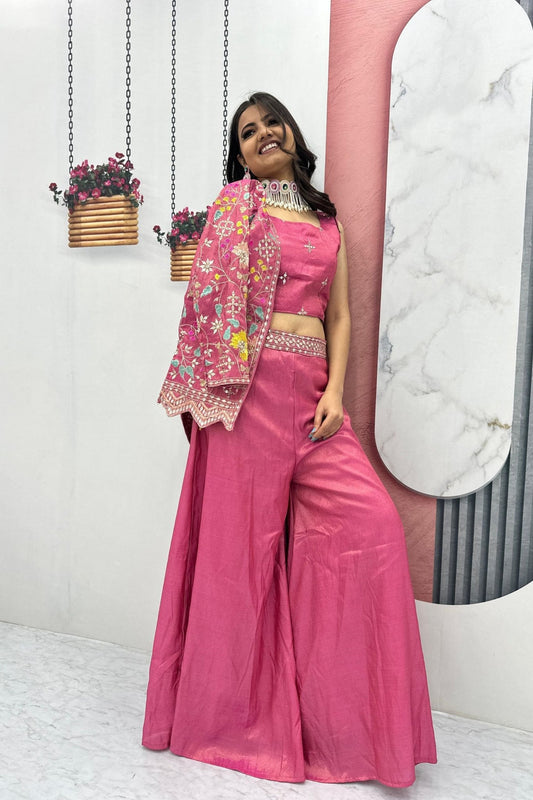 Pink Embroidered Palazzo Suit with Crop Top and Jacket for Women - Mangaldeep NX