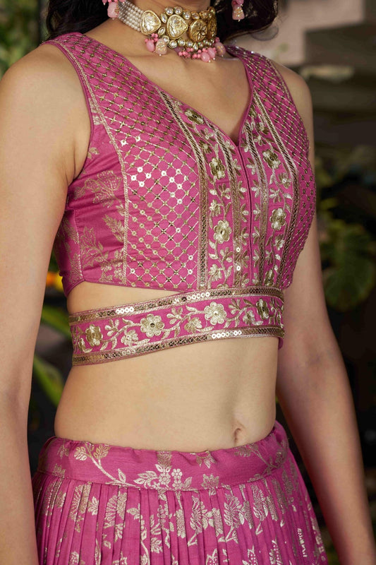 Pink Embroidered Silk Lehenga Choli Set with Sequin Dupatta - Mangaldeep NX