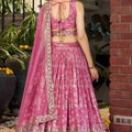 Pink Embroidered Silk Lehenga Choli Set with Sequin Dupatta - Mangaldeep NX