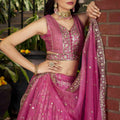 Pink Embroidered Silk Lehenga Choli Set with Sequin Dupatta - Mangaldeep NX