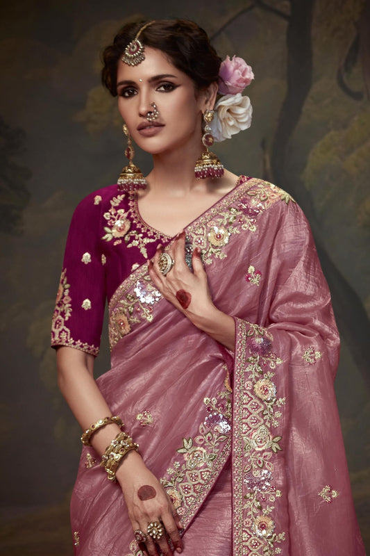 Pink Embroidered Silk Saree with Sequin Border and Wine Blouse - Mangaldeep NX