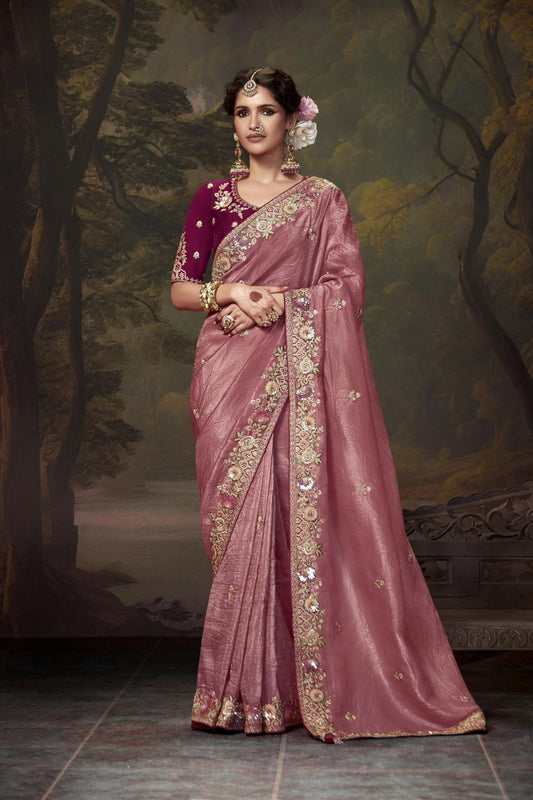 Pink Embroidered Silk Saree with Sequin Border and Wine Blouse - Mangaldeep NX