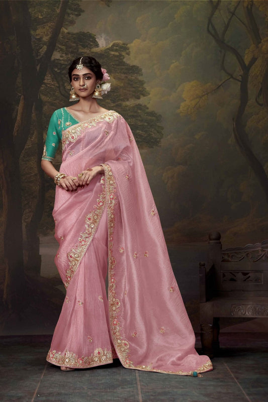 Pink Embroidered Silk Saree with Sequin Floral Border and Teal Green Blouse - Mangaldeep NX