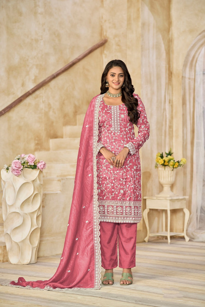 Pink Embroidered Straight Salwar Suit with Matching Dupatta - Mangaldeep NX
