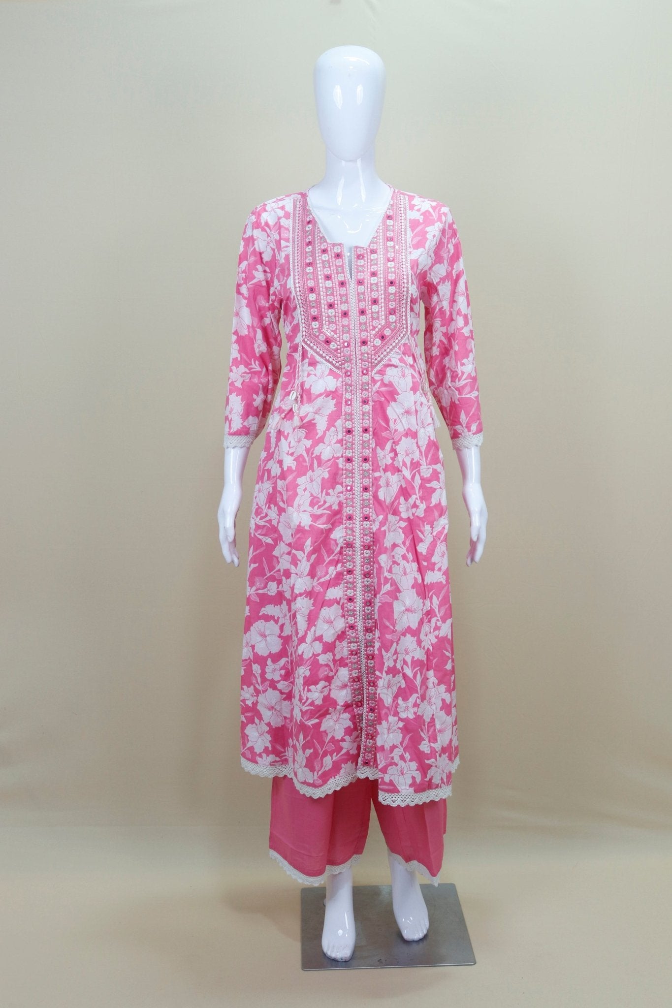 Pink Floral Printed Cotton Kurta Set Palazzo Elegant Festive Casual Wear Suit - Mangaldeep NX
