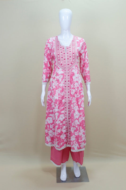 Pink Floral Printed Cotton Kurta Set Palazzo Elegant Festive Casual Wear Suit - Mangaldeep NX