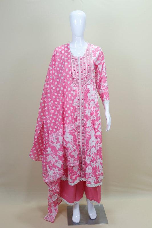 Pink Floral Printed Cotton Kurta Set Palazzo Elegant Festive Casual Wear Suit - Mangaldeep NX