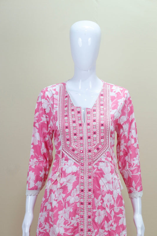 Pink Floral Printed Cotton Kurta Set Palazzo Elegant Festive Casual Wear Suit - Mangaldeep NX