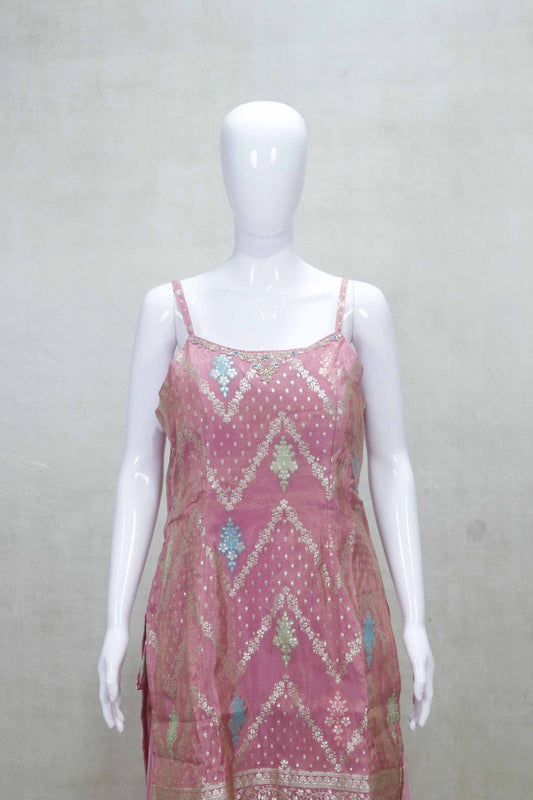 Pink Foil Printed Sleeveless Kurta Sharara Set with Dupatta for Festive Wear - Mangaldeep NX