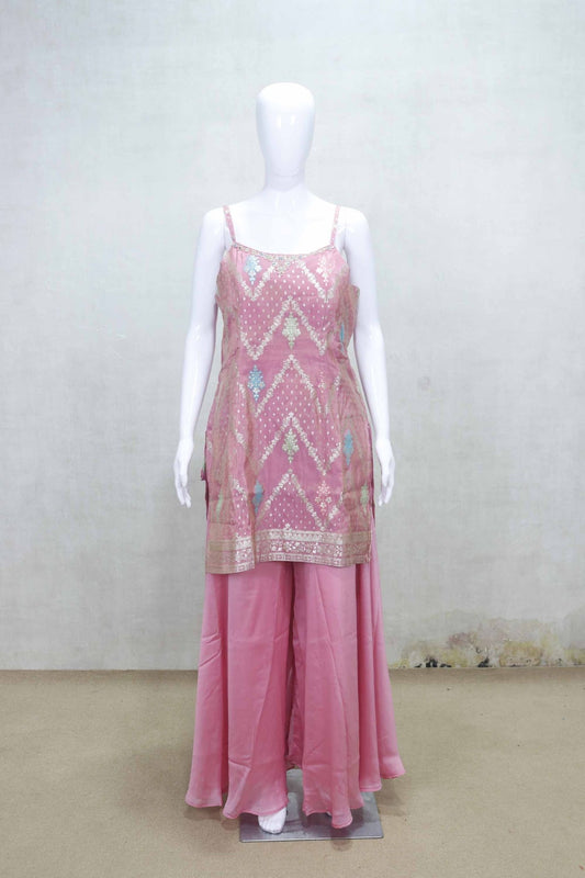Pink Foil Printed Sleeveless Kurta Sharara Set with Dupatta for Festive Wear - Mangaldeep NX