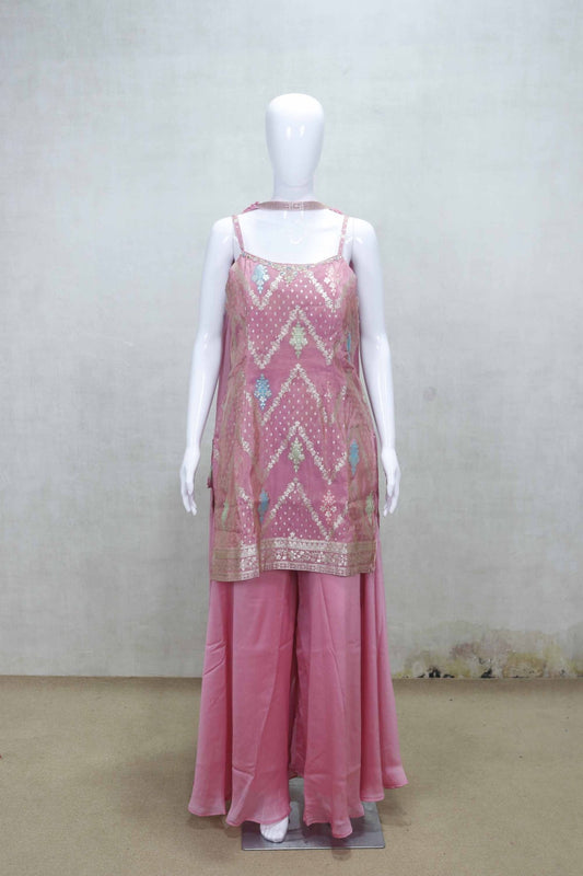 Pink Foil Printed Sleeveless Kurta Sharara Set with Dupatta for Festive Wear - Mangaldeep NX