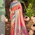 Pink Kanjivaram Silk Saree with Blue Zari Woven Border and Floral Pallu - Mangaldeep NX