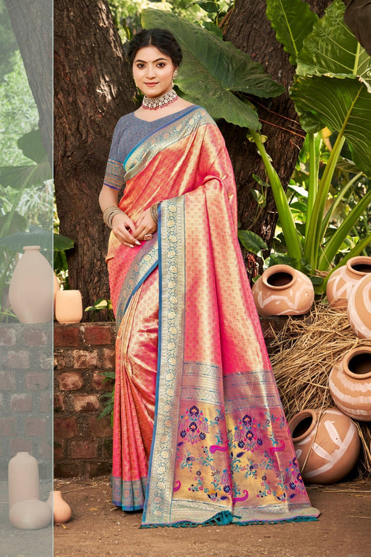 Pink Kanjivaram Silk Saree with Blue Zari Woven Border and Floral Pallu - Mangaldeep NX