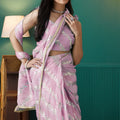 Pink Organza Saree with Gold Leaf Vine Print and Sequin Lace Border - Mangaldeep NX