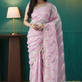Pink Organza Saree with Gold Leaf Vine Print and Sequin Lace Border - Mangaldeep NX