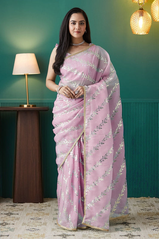 Pink Organza Saree with Gold Leaf Vine Print and Sequin Lace Border - Mangaldeep NX