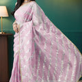 Pink Organza Saree with Gold Leaf Vine Print and Sequin Lace Border - Mangaldeep NX
