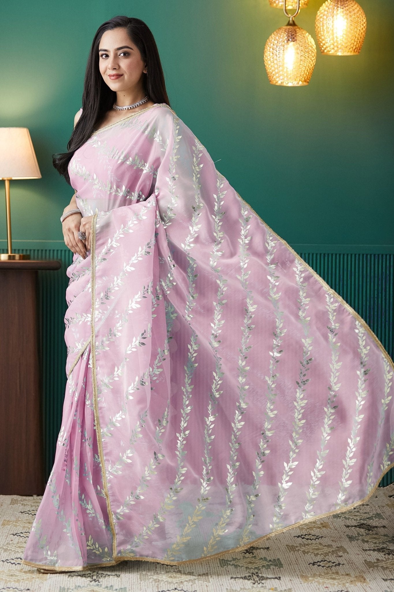Pink Organza Saree with Gold Leaf Vine Print and Sequin Lace Border - Mangaldeep NX