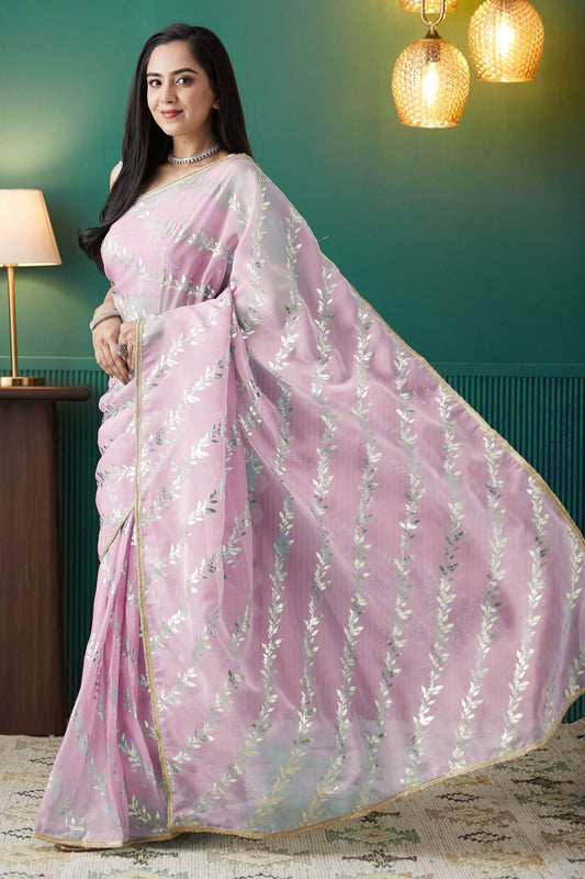 Pink Organza Saree with Gold Leaf Vine Print and Sequin Lace Border - Mangaldeep NX