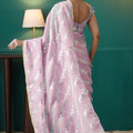 Pink Organza Saree with Gold Leaf Vine Print and Sequin Lace Border - Mangaldeep NX