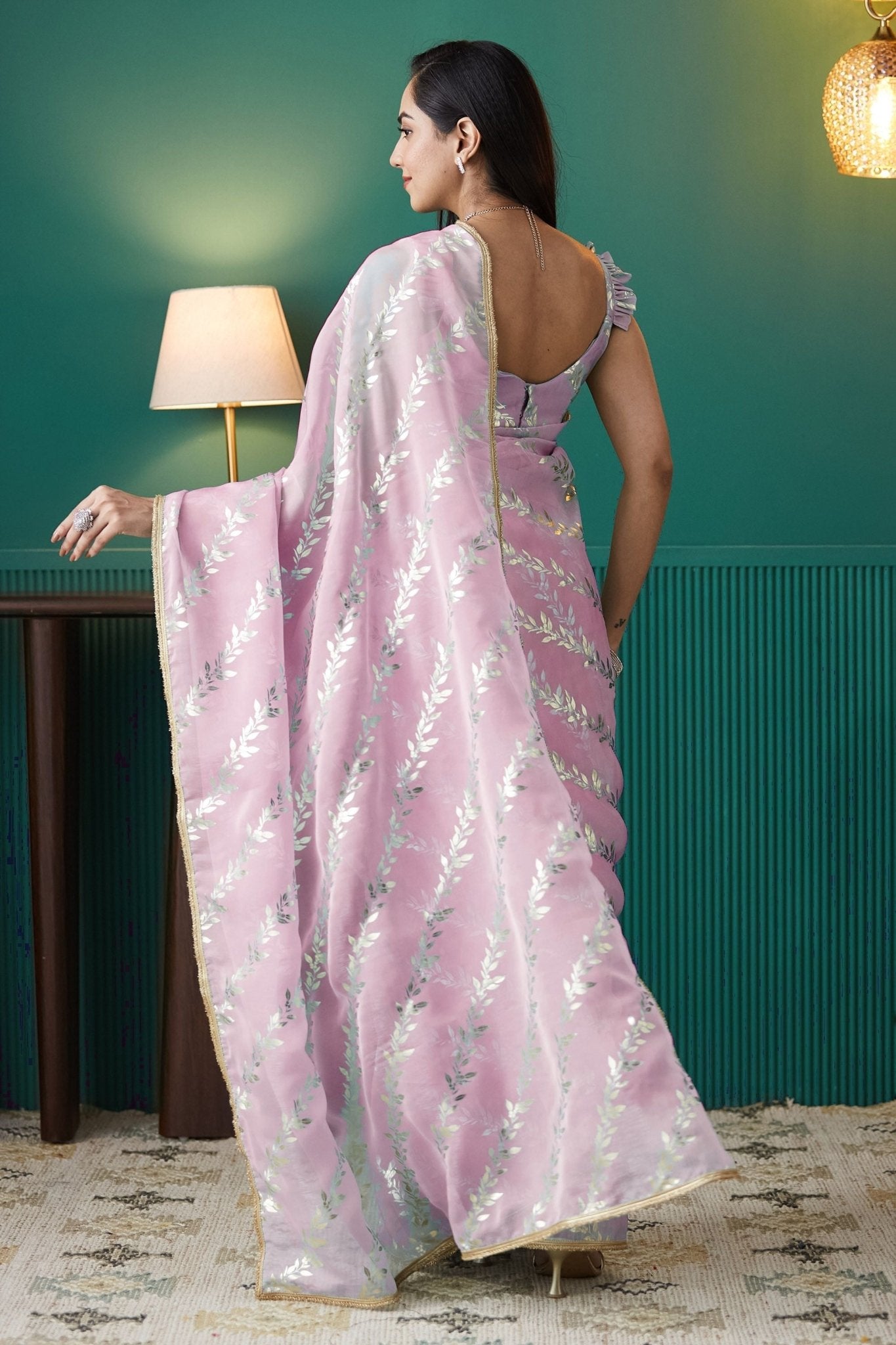 Pink Organza Saree with Gold Leaf Vine Print and Sequin Lace Border - Mangaldeep NX