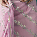 Pink Organza Saree with Gold Leaf Vine Print and Sequin Lace Border - Mangaldeep NX