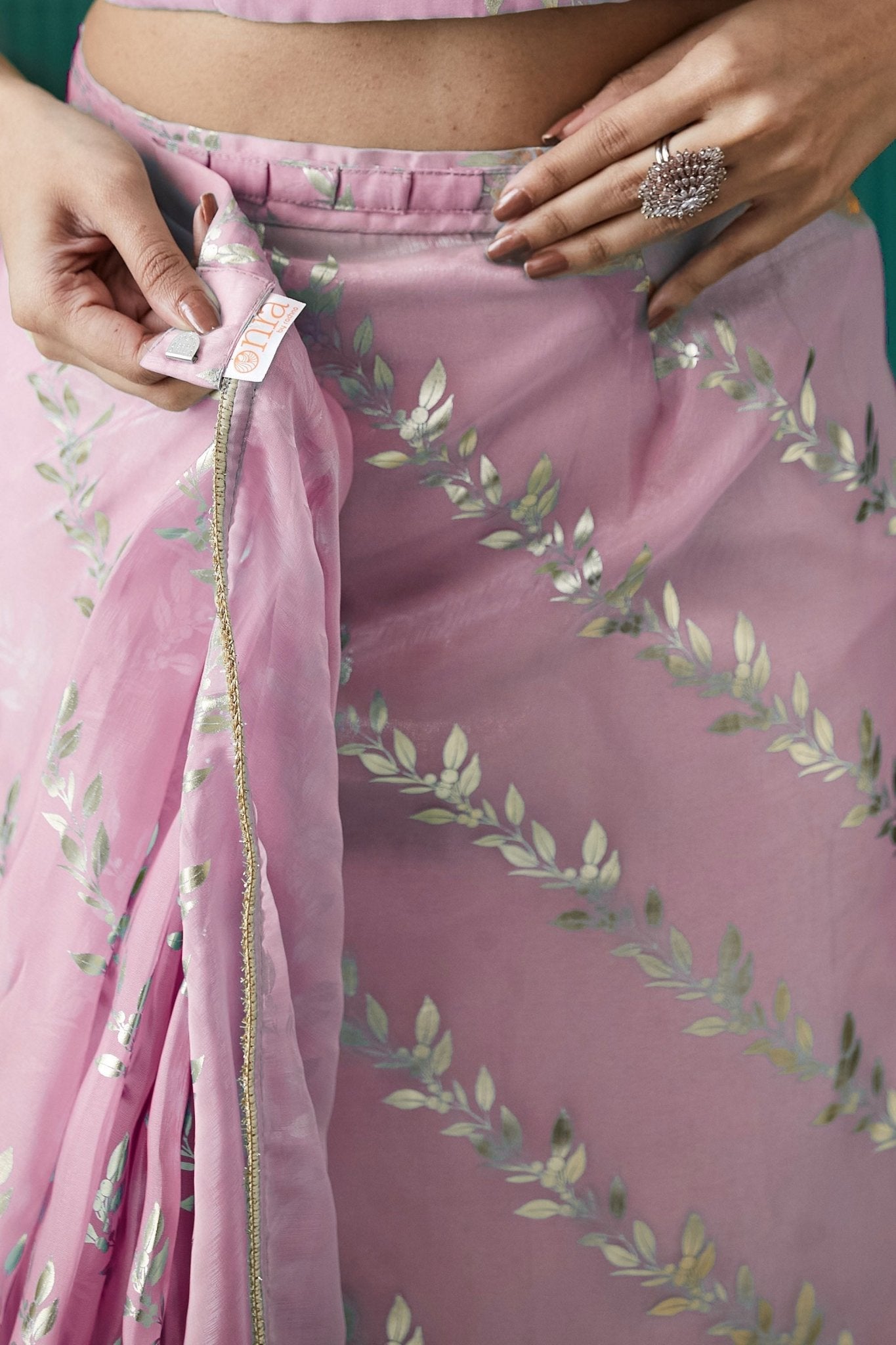 Pink Organza Saree with Gold Leaf Vine Print and Sequin Lace Border - Mangaldeep NX