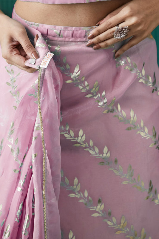 Pink Organza Saree with Gold Leaf Vine Print and Sequin Lace Border - Mangaldeep NX