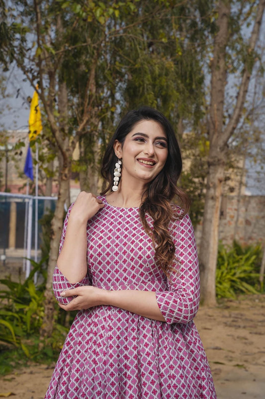 Pink Printed Cotton Anarkali Dress with Three - Quarter Sleeves and Ruffled Hem - Mangaldeep NX