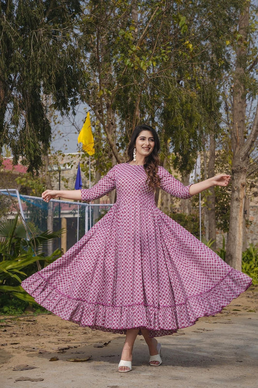 Pink Printed Cotton Anarkali Dress with Three - Quarter Sleeves and Ruffled Hem - Mangaldeep NX
