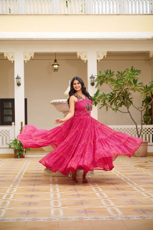 Pink Printed Cotton Gown with Embroidered Yoke - Mangaldeep NX
