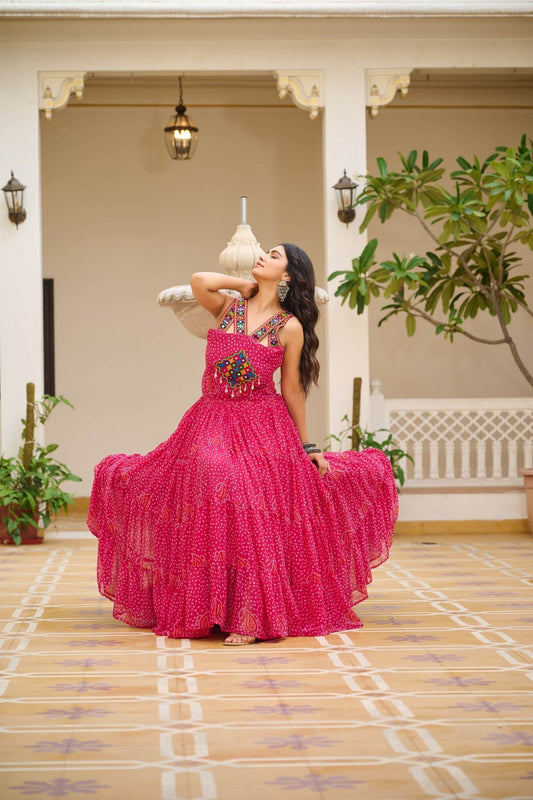 Pink Printed Cotton Gown with Embroidered Yoke - Mangaldeep NX