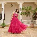 Pink Printed Cotton Gown with Embroidered Yoke - Mangaldeep NX