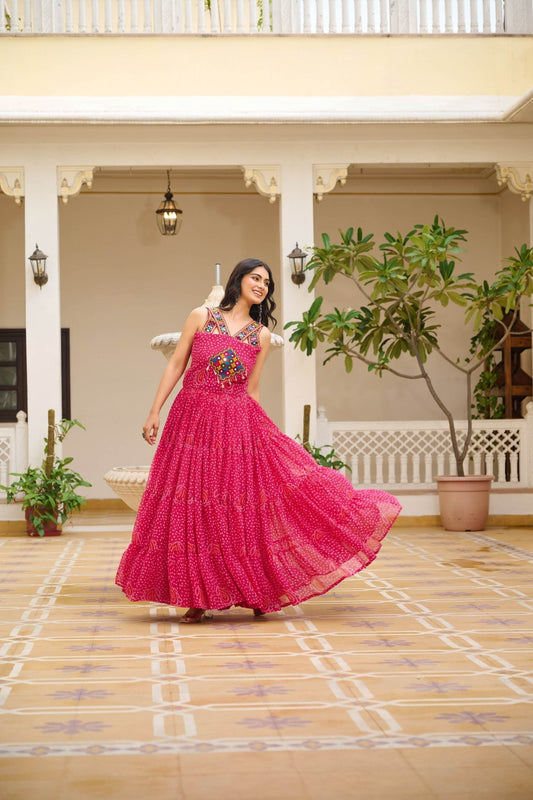 Pink Printed Cotton Gown with Embroidered Yoke - Mangaldeep NX