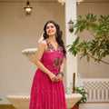Pink Printed Cotton Gown with Embroidered Yoke - Mangaldeep NX