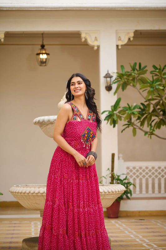 Pink Printed Cotton Gown with Embroidered Yoke - Mangaldeep NX